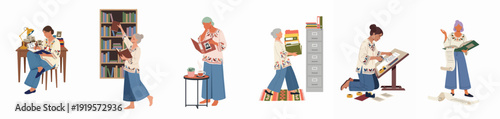 Diverse women studying, organizing, and working with books, files, and historical records in a series of knowledge-focused activities.