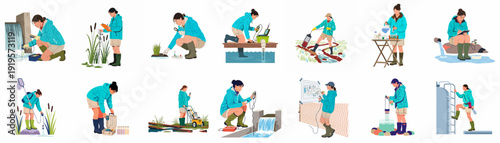 Foto Illustrations of environmental scientists conducting comprehensive water quality testing, ecological monitoring, and field research in diverse natural and industrial settings