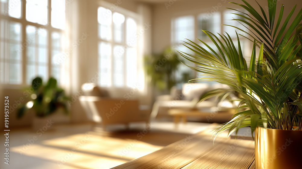 Fototapeta premium Modern living room interior close up bright natural lighting through large windows minimalist Scandinavian decor light wooden floors neutral furniture indoor plants