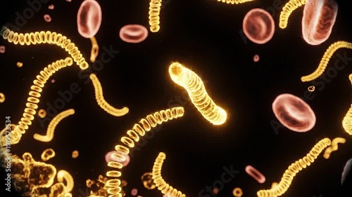 Lyme disease spirochetes floating in a liquid. Microscopic photo of a spirochete of Lyme disease bacteri. Lyme disease bacteria gather in one place in colonies surrounded by a biofilm.