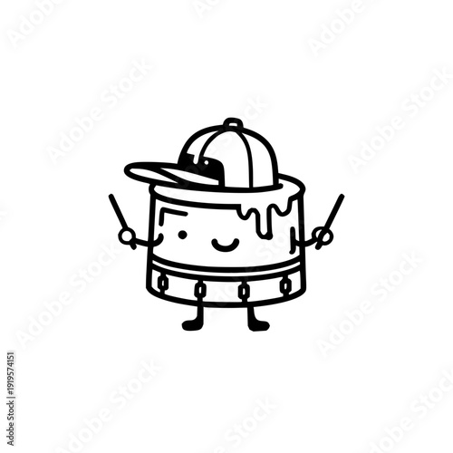 Smiling Drum Wearing Baseball Cap Holding Drumsticks