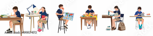 Children engaged in various educational activities: studying, crafts, map exploration, and digital learning at home or school.