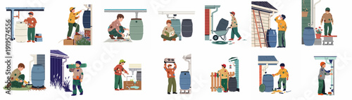 Tableau sur toile Illustrations of Individuals Setting Up Rain Barrels and Gutter Systems for Eco-