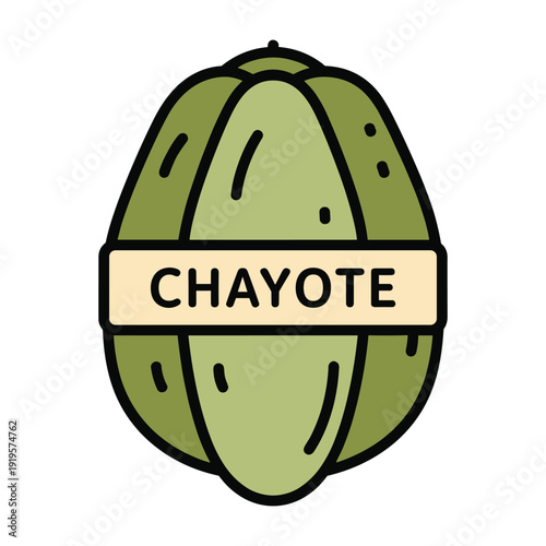 Illustration of a chayote squash with its name labeled on a white background