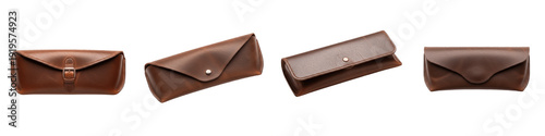 Schilderij op canvas Brown leather eyeglass cases isolated on white background set of premium glasses