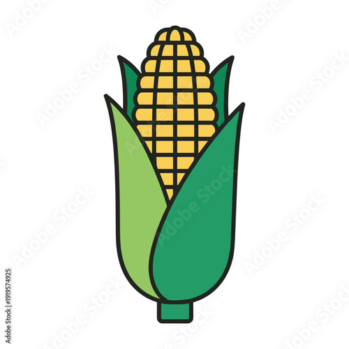 A stylized illustration of a single ear of corn with green husks and yellow kernels