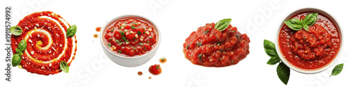 Cuadro en lienzo Tomato sauce and salsa isolated on white background set of marinara bowls with b