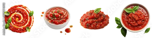 Panel kuchenny z motywem Tomato sauce and salsa isolated on white background set of marinara bowls with basil leaves red pizza sauce swirl and chunky ketchup dip collection png transparent