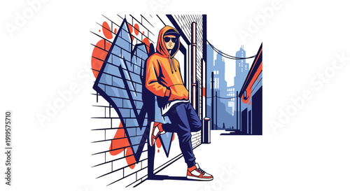 Fashionable young man standing near colorful graffiti wall wearing modern streetwear outfit and sneakers. Urban culture fashion and youth street style concept for city lifestyle