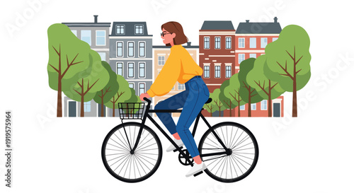 Stylish woman riding bicycle through modern city street wearing trendy casual outfit. Urban eco lifestyle and contemporary fashion culture concept for metropolitan living illustration