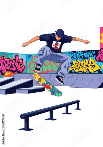 Trendy skateboarder performing trick in urban skate park wearing streetwear outfit and sneakers. Youth culture, action lifestyle and modern city fashion concept illustration