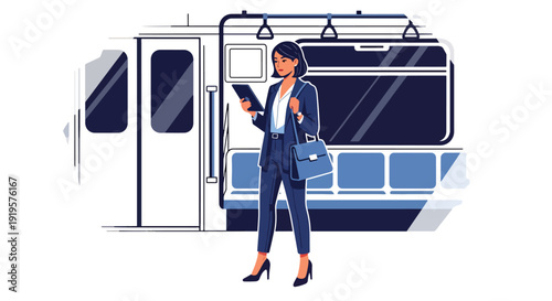 Modern professional woman commuting in subway wearing trendy office fashion and holding tablet. Urban daily life, transportation and contemporary city fashion concept illustration