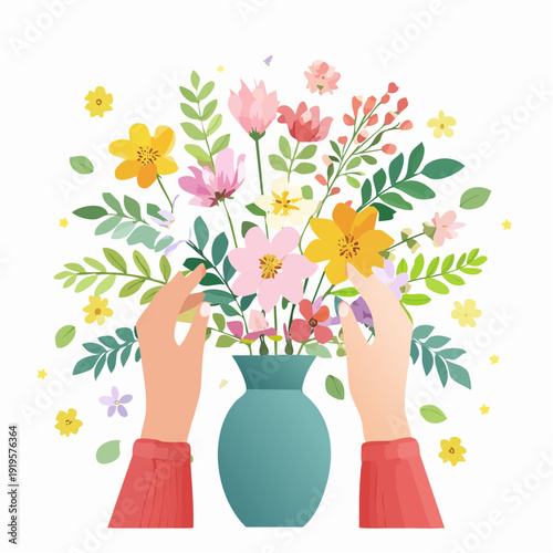 Hands gently arranging fresh spring flowers in a vase, a mindful activity for self-care retreat.