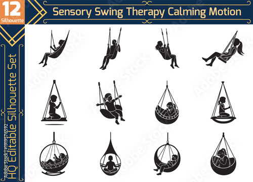 Sensory swing therapy silhouette set featuring calming motion for autism, occupational therapy, and sensory integration vector illustration.