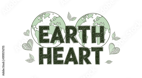 Earth heart eco friendly symbol, green globe with leaves and heart shape, environmental love icon.