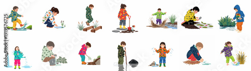Happy Children in Rain Gear Enjoying Outdoor Water and Mud Play, Splashing, Digging, and Exploring Nature in Various Playful Scenes.