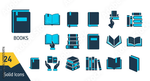 A collection of solid icons representing various book-related concepts and objects, displayed in a grid layout on a clean background from a direct viewpoint.