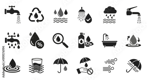 Collection of black icons representing various aspects of water conservation on a clean white background from a straightforward viewpoint