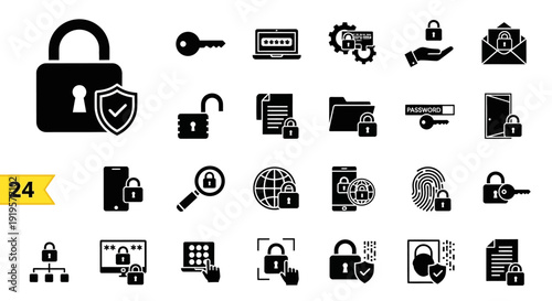Collection of security icons on a clean white background illustrating various aspects of protection and safety measures