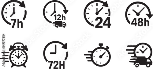 Black and white clock icons for 7 to 72 hour delivery, fast shipping time vector set.