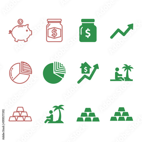 Financial in red and green colors on white background finance money piggy bank graph