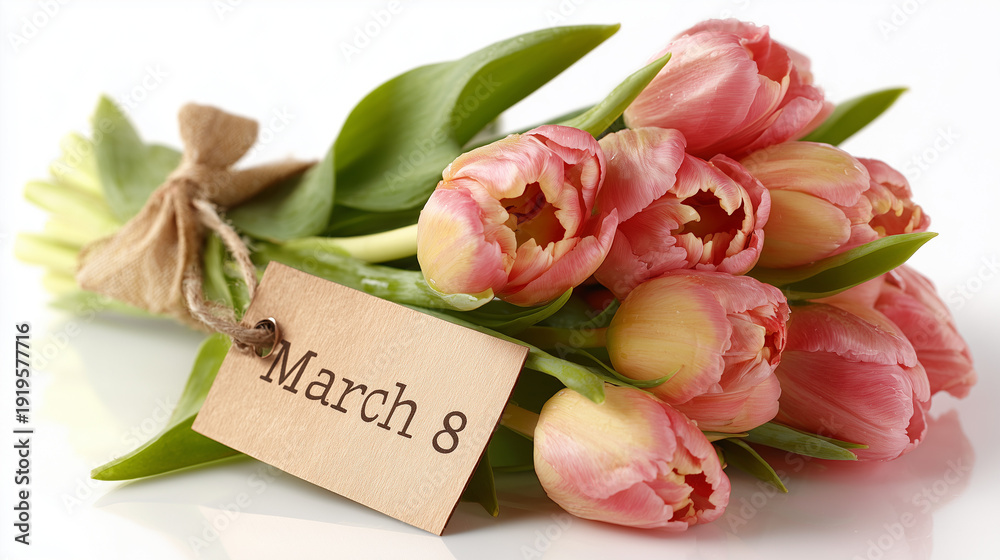 Fototapeta premium Pink tulip bouquet with tag for International Women's Day March 8 