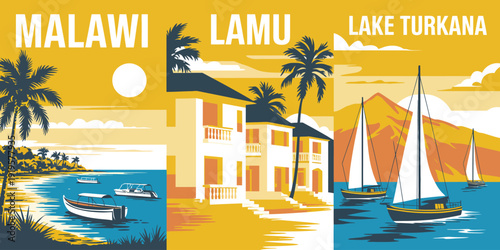 Malawi Lamu poster, vintage African coastal travel artwork featuring glowing sunset and iconic palm silhouettes