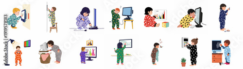 Curious Toddlers in Pajamas Exploring Household Technology and Everyday Objects
