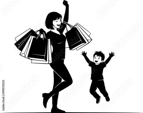 Mother and child celebrating after shopping, joyful silhouette of woman with shopping bags and excited kid jumping, family happiness, urban retail scene 