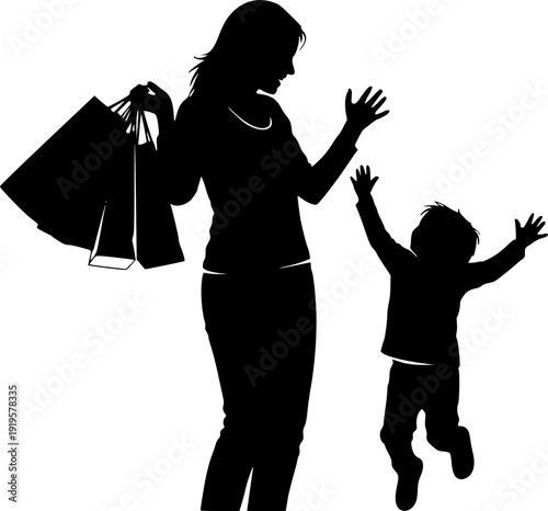 Mother and child celebrating after shopping, joyful silhouette of woman with shopping bags and excited kid jumping, family happiness, urban retail scene 