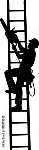 Ladder silhouette workers, chainsaw posture, construction safety, elevated job, risky gesture, height task, black figure, vector illustration, tool handling pose