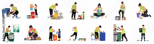 Diverse individuals engaged in painting, renovation, and recycling activities, showcasing community service, creativity, and environmental responsibility in various tasks.