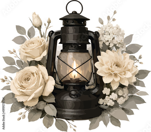 Vintage black oil lantern with glowing flame surrounded by elegant cream roses and floral arrangement vector illustration