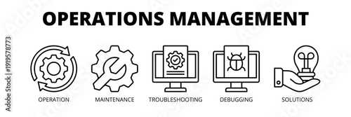 Operations Management web banner icon vector illustration concept for operational efficiency with icons of operations, maintenance, troubleshooting, debugging and solutions.