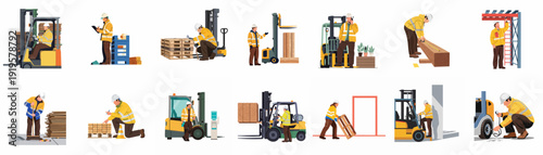 Industrial workers performing diverse tasks in a warehouse and logistics environment, including forklift operation, material handling, maintenance, and safety procedures.