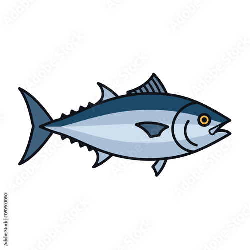 A stylized illustration of a blue and white tuna fish swimming gracefully