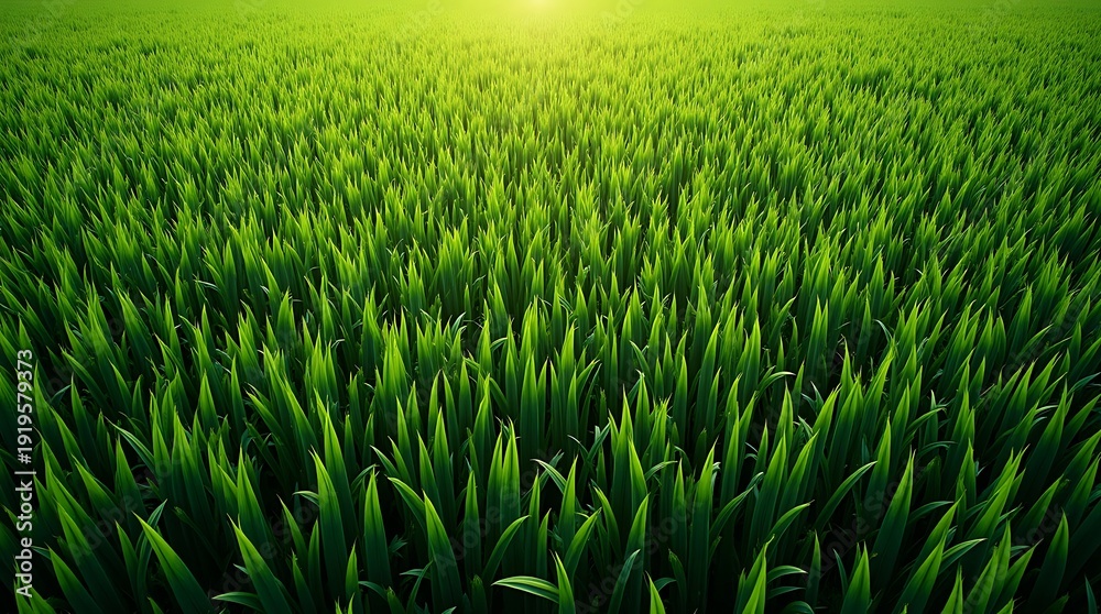 Obraz premium Vast green field of wheat under a warm sun, showcasing nature's beauty and agricultural abundance.