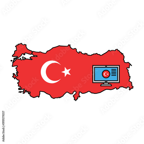 Turkish map featuring a crescent moon, star, and a small computer screen