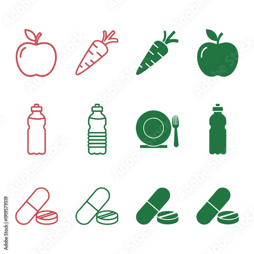 Green and red of food and medicine on white background apple carrot pills plate fork