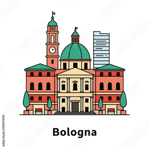 Illustrative depiction of the historic basilica of bologna with modern buildings in background