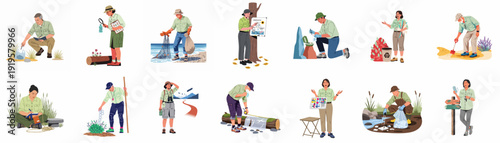 Diverse individuals actively engaged in environmental research, cleanup, and conservation efforts across various natural habitats.