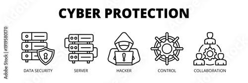 Cyber Protection web banner icon vector illustration concept for enterprise cybersecurity with icons of data security, server, hacker prevention, system control and collaboration.