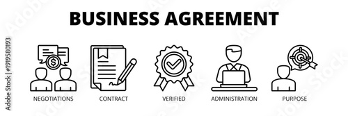 Business Agreement web banner icon vector illustration concept for corporate partnership management with icons of negotiations, contract signing, verification, administration and business purpose.