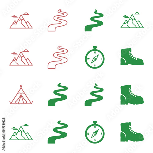 Hiking in red and green colors on white background mountains trails compass boots