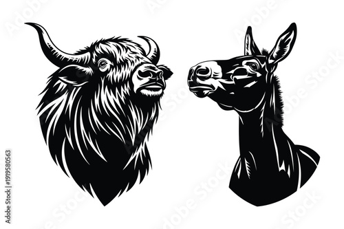 Photos Bull and donkey heads illustration