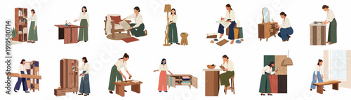 A diverse collection of women engaged in interior design, home renovation, furniture crafting, and organization tasks, illustrating creativity and domestic improvement.