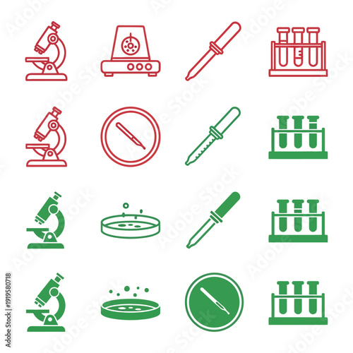 Laboratory equipment in red and green on white background