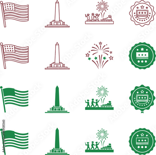 Patriotic in red and green american flag monument fireworks seal stars
