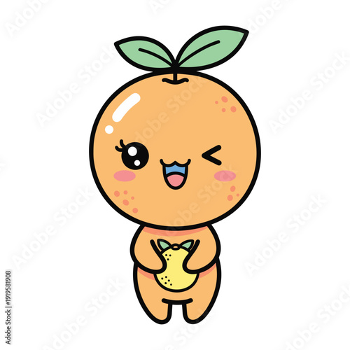 Cute cartoon character designed as a cheerful anthropomorphic orange with green leaves