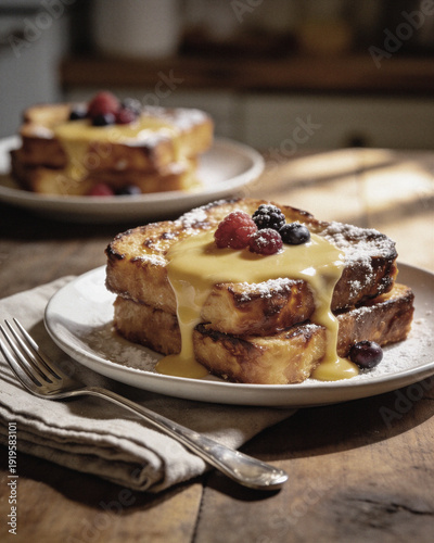 Wallpaper Mural Golden French toast with custard and fresh berries on a rustic table, perfect for a cozy breakfast or brunch. Torontodigital.ca